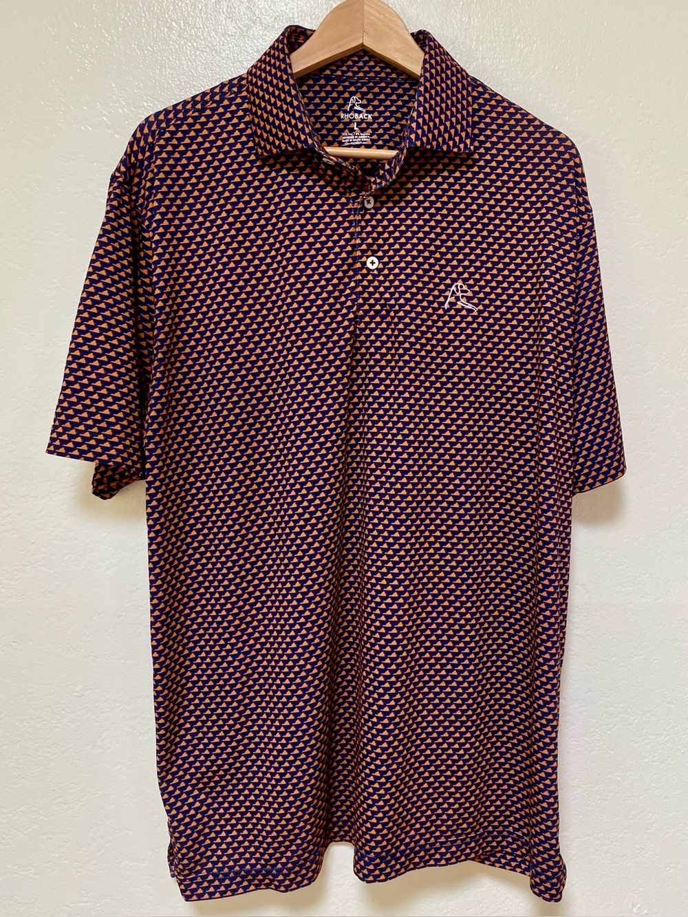 Rhoback Polo Shirt Men's L Navy Blue Orange Virginia State Outline Print